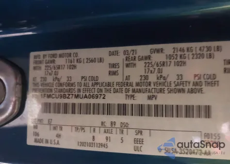 2021 Ford Escape Se Hybrid z USA, uszkodzony, nr VIN 1FMCU9BZ7MUA06972